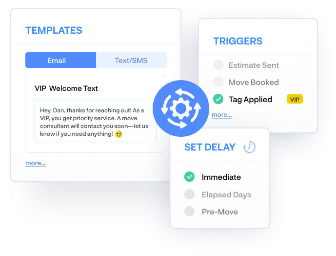 Automated email and SMS workflow builder showing message templates, triggers, and delay settings to improve lead engagement and conversion rates in Movegistics